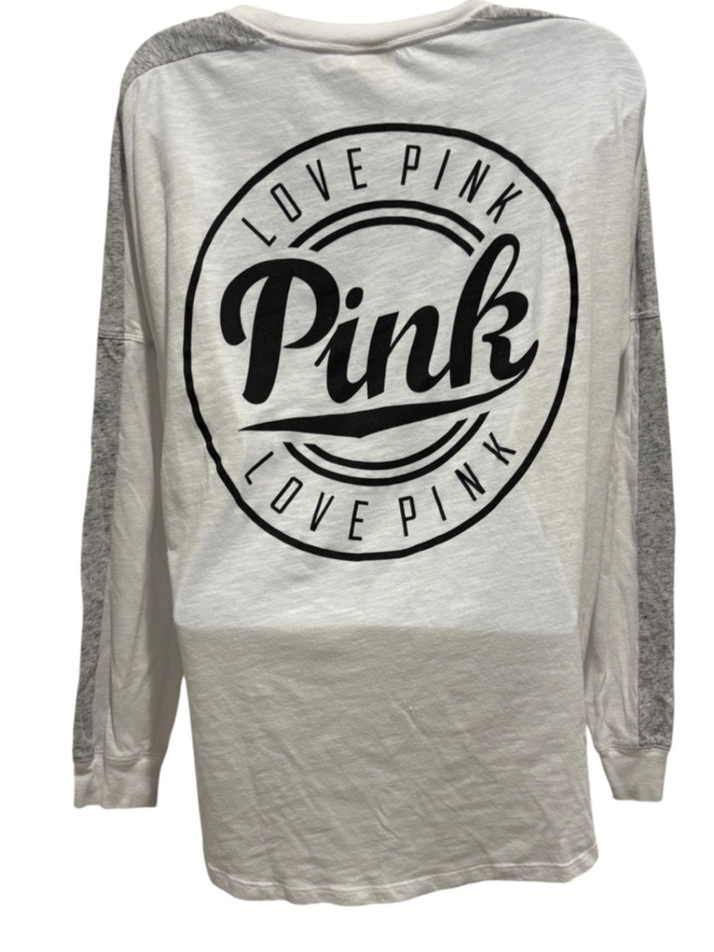 VICTORIAS SECRET PINK Women’s Raglan Style Long Sleeve Tshirt White Gray Medium